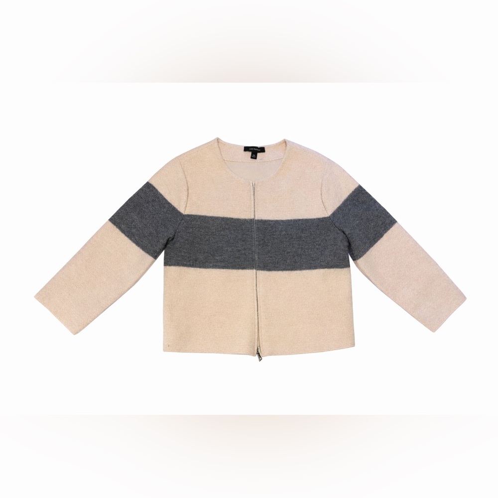 Ann Taylor Beige and Gray Striped Zip-Front Cardigan